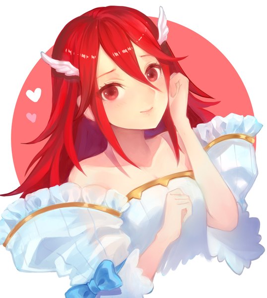 Anime picture 896x998 with fire emblem fire emblem awakening fire emblem heroes nintendo cordelia (fire emblem) cordelia (bridal) (fire emblem) jurge single long hair tall image looking at viewer blush fringe simple background hair between eyes red eyes white background bare shoulders upper body red hair