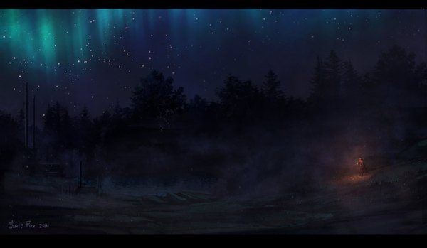 Anime picture 1600x931 with kate-fox single wide image night night sky light dark background glow fog ambiguous gender aurora borealis plant (plants) tree (trees) water boots star (stars) lantern stone (stones) watercraft boat