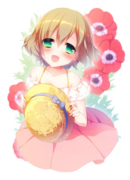 Anime picture 594x818 with original amamine single tall image blush open mouth smile white background bare shoulders :d loli girl dress flower (flowers) hat red dress straw hat anemone (flower)