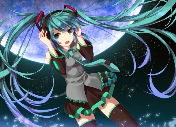 Anime picture 1000x727 with vocaloid hatsune miku kumio single long hair open mouth twintails aqua eyes aqua hair girl thighhighs skirt black thighhighs detached sleeves miniskirt moon