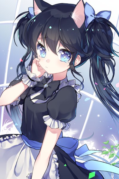 Anime picture 1200x1800 with original mechuragi single long hair tall image looking at viewer fringe short hair blue eyes black hair hair between eyes twintails animal ears cat ears short sleeves cat girl hand on face girl bow hair bow