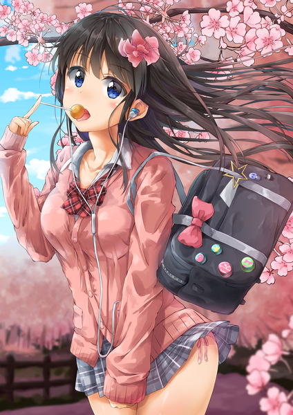 Anime picture 1447x2047 with original kuria (clear trip second) single long hair tall image looking at viewer blush open mouth blue eyes light erotic black hair standing holding sky cloud (clouds) outdoors pleated skirt hair flower wind cherry blossoms