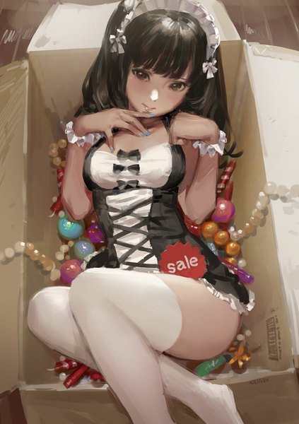 Anime picture 595x842 with original hjl single long hair tall image looking at viewer fringe light erotic black hair brown eyes lying nail polish from above maid no shoes in container in box girl thighhighs dress