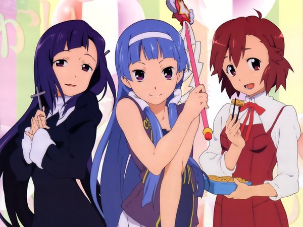 Anime picture 1600x1200 with kannagi nagi (kannagi) zange aoba tsugumi long hair highres short hair smile purple eyes multiple girls blue hair purple hair red hair wallpaper sleeveless nun girl uniform ribbon (ribbons) school uniform