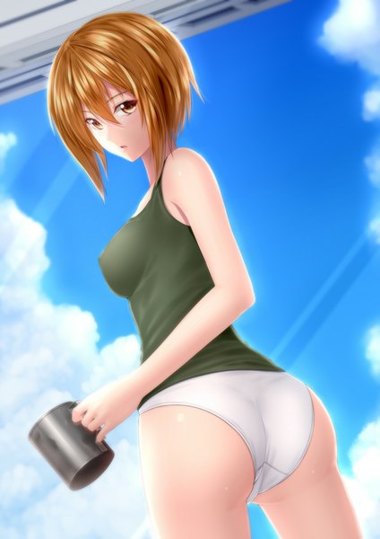 Anime picture 707x1000 with kai (link2262) single tall image short hair light erotic brown hair brown eyes sky cloud (clouds) looking back girl underwear panties