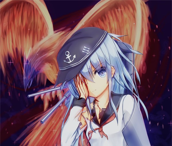 Anime picture 1532x1300 with kantai collection hibiki destroyer akabane hibame single long hair looking at viewer blue eyes blue hair upper body torn clothes injury covering eye (eyes) girl uniform school uniform hat animal bird (birds) blood anchor symbol