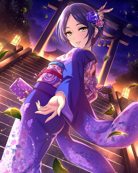 Anime picture 1280x1600 with idolmaster idolmaster cinderella girls hayami kanade single tall image looking at viewer short hair smile standing holding yellow eyes purple hair cloud (clouds) outdoors traditional clothes head tilt japanese clothes looking back hair flower night