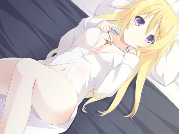 Anime picture 1280x960 with infinite stratos 8bit charles dunois keito (kazamatuli) single long hair looking at viewer breasts light erotic purple eyes lying open clothes no bra on back legs bottomless girl navel shirt white shirt
