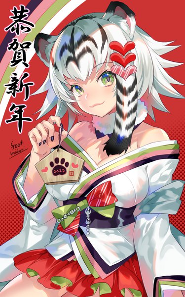 Anime picture 859x1374 with original midori foo single tall image looking at viewer fringe short hair sitting holding green eyes animal ears cleavage white hair nail polish multicolored hair two-tone hair red background new year black nail polish nengajou