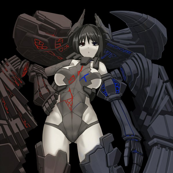 Anime picture 1000x1000 with original tro single short hair breasts light erotic black hair black eyes hand on hip black background cameltoe mecha musume mechanical parts