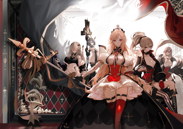Anime picture 2234x1577 with azur lane bible dunkerque (azur lane) saint-louis (azur lane) richelieu (azur lane) jean bart (azur lane) gascogne (azur lane) narue long hair looking at viewer fringe highres short hair breasts blonde hair hair between eyes red eyes brown hair large breasts standing