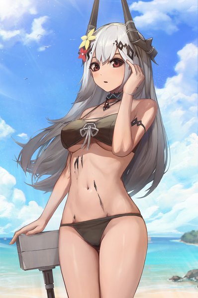 Anime picture 1158x1745 with arknights mudrock (arknights) ola (bunnyfly) single long hair tall image looking at viewer fringe breasts light erotic hair between eyes red eyes large breasts standing sky cloud (clouds) outdoors arm up hair flower horn (horns)