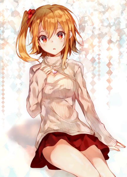 Anime picture 721x1000 with kagerou project shaft (studio) kisaragi momo chocoan single long hair tall image looking at viewer blush red eyes sitting orange hair one side up girl skirt miniskirt pendant sweater scrunchie hair tie