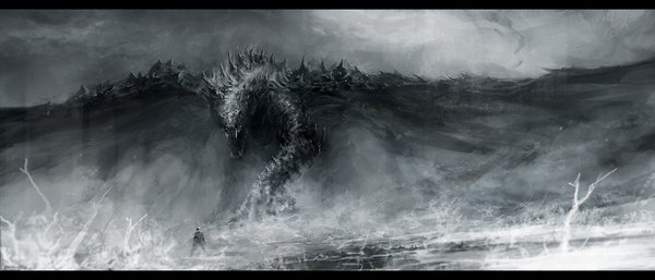 Anime picture 1400x600 with original chris cold open mouth wide image teeth fang (fangs) back smoke gloom wings dragon monster
