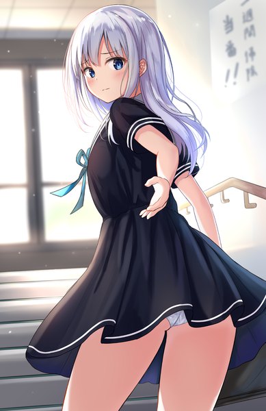 Anime picture 843x1300 with original burenbo single long hair tall image looking at viewer blush fringe blue eyes light erotic hair between eyes standing payot silver hair indoors looking back light smile blurry inscription short sleeves
