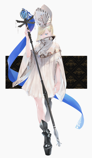Anime-Bild 1000x1703 mit original sousou (sousouworks) single long hair tall image looking at viewer blue eyes simple background blonde hair standing white background holding looking away full body wide sleeves covered mouth girl boots headdress scepter