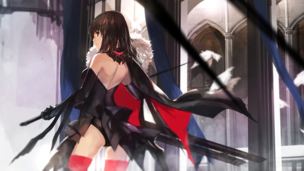 Anime picture 1890x1063 with original pixiv fantasia pixiv fantasia t swd3e2 single highres short hair light erotic black hair red eyes wide image bare shoulders profile girl thighhighs dress gloves weapon animal sword