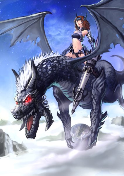 Anime picture 860x1216 with goomrrat single long hair tall image light erotic brown hair brown eyes sky horn (horns) teeth fang (fangs) flying fantasy riding girl navel weapon wings dragon spear
