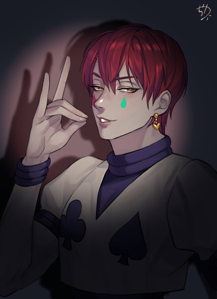 Anime picture 904x1242 with hunter x hunter hisoka (hunter x hunter) casam single tall image looking at viewer fringe short hair hair between eyes signed yellow eyes upper body red hair parted lips shadow face paint fox shadow puppet boy earrings
