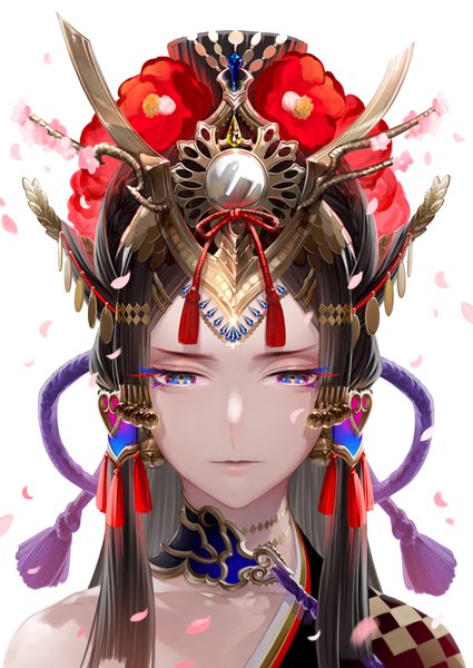 Anime picture 2507x3541 with original tayuya1130 single long hair tall image looking at viewer highres blue eyes black hair white background girl hair ornament petals