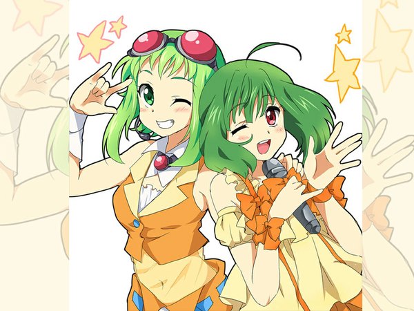 Anime picture 1024x768 with macross macross frontier vocaloid gumi ranka lee looking at viewer blush short hair open mouth smile red eyes multiple girls green eyes one eye closed green hair wink girl 2 girls glasses microphone