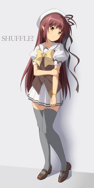 Anime picture 533x1066 with shuffle! lisianthus mokkei (artist) single long hair tall image blush simple background brown hair brown eyes looking away ahoge light smile pointy ears inscription grey background holding arm girl thighhighs uniform