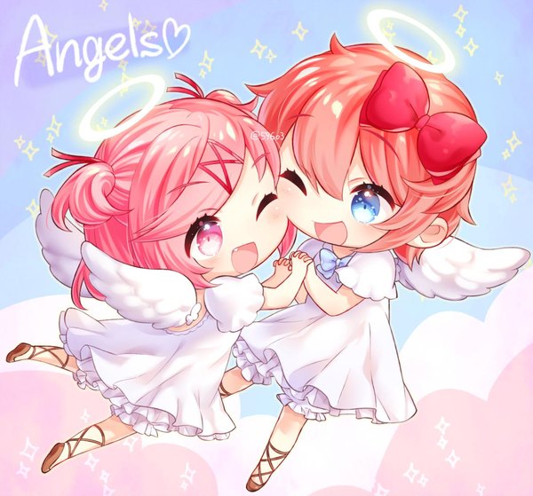 Anime picture 1235x1150 with doki doki literature club natsuki (doki doki literature club) sayori (doki doki literature club) nan (gokurou) blush fringe short hair open mouth blue eyes smile hair between eyes multiple girls signed pink hair full body one eye closed pink eyes wink orange hair sparkle