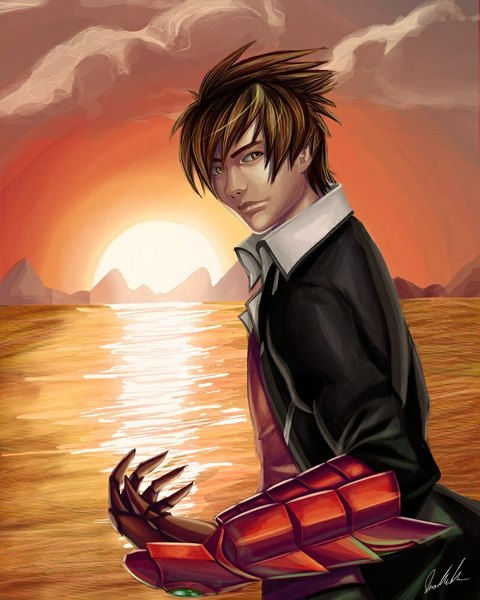 Anime picture 800x1000 with highschool dxd hyoudou issei single tall image looking at viewer fringe short hair brown hair brown eyes sky cloud (clouds) evening sunset mountain boy uniform school uniform water sea single glove