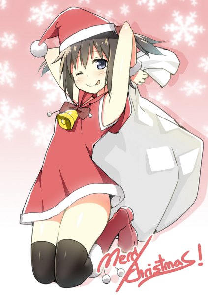 Anime picture 846x1200 with original sky (sky-freedom) sky-freedom single tall image looking at viewer short hair brown hair twintails inscription grey eyes sleeveless happy christmas :p jumping merry christmas girl thighhighs dress