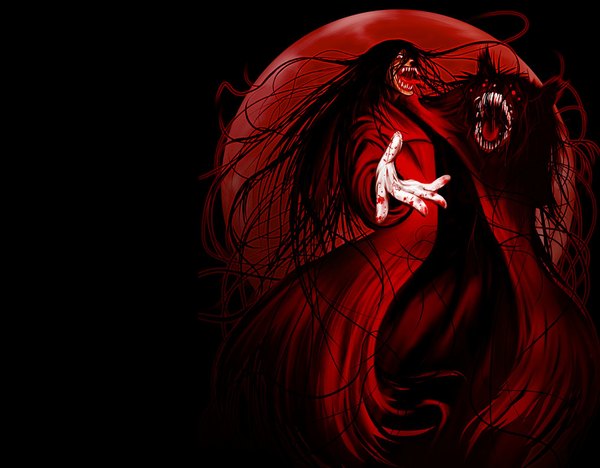 Anime picture 1024x800 with hellsing alucard (hellsing) single long hair open mouth black hair simple background teeth black background sharp teeth demon red moon crazy boy animal moon blood coat