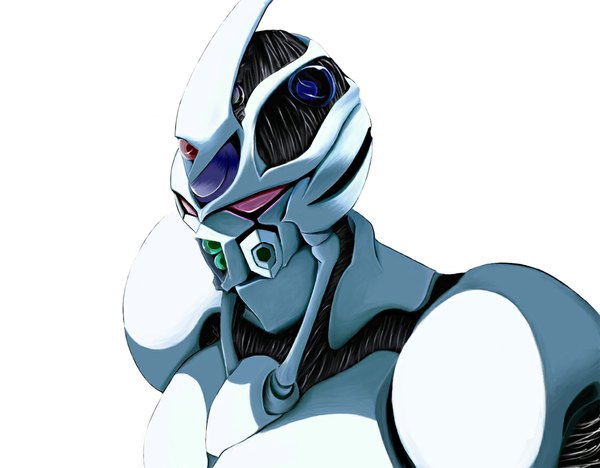 Anime picture 1100x859 with guyver guyver i gel single red eyes white background horn (horns) portrait armor bodysuit