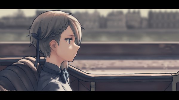 Anime picture 1280x720 with princess principal ange (princess principal) genso single fringe short hair blue eyes wide image sitting payot looking away upper body outdoors braid (braids) profile grey hair blurry depth of field letterboxed girl