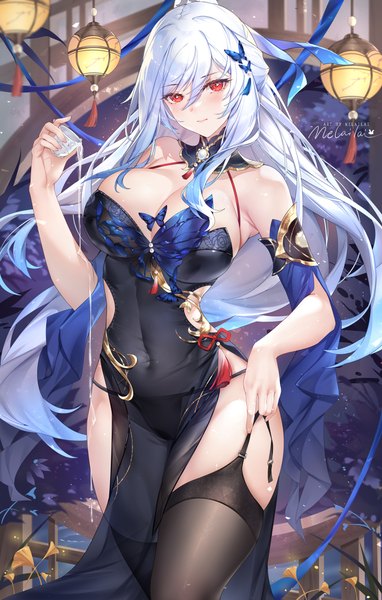 Anime picture 4864x7636 with honkai: star rail honkai (series) jingliu (honkai: star rail) melailai single long hair tall image looking at viewer fringe highres breasts light erotic hair between eyes red eyes large breasts standing bare shoulders holding signed absurdres