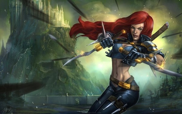 Anime picture 2880x1800 with league of legends katarina (league of legends) single long hair looking at viewer highres breasts wide image green eyes signed sky cleavage cloud (clouds) red hair light scar rock girl gloves navel