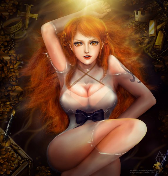 Anime picture 4724x4961 with one piece one piece film: gold toei animation nami (one piece) auey supaluk single long hair tall image looking at viewer fringe highres breasts open mouth light erotic large breasts signed absurdres cleavage lying braid (braids)