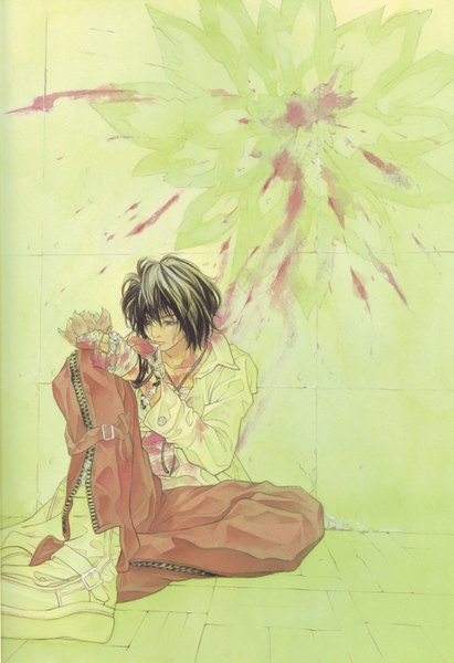 Anime picture 2400x3500 with asada hiroyuki tall image highres short hair black hair sitting open clothes open shirt boy flower (flowers) boots bracelet pendant blood ring bandage (bandages) cigarette
