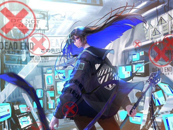Anime picture 4032x3024 with original hirose (10011) single long hair looking at viewer fringe highres blue eyes black hair hair between eyes standing holding absurdres long sleeves pleated skirt looking back multicolored hair wind from behind two-tone hair
