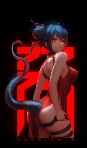 Anime picture 1526x2584 with arknights ch'en (arknights) ch'en (ageless afterglow) (arknights) linxxx single tall image looking at viewer fringe short hair breasts light erotic simple background hair between eyes red eyes standing signed payot blue hair ass tail