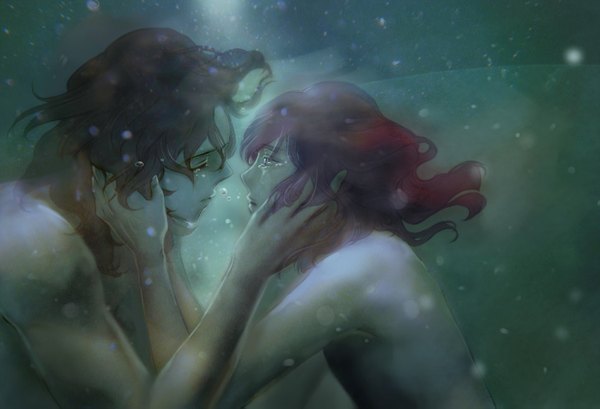 Anime picture 1500x1023 with mobile suit gundam mobile suit gundam 00 sunrise (studio) tieria erde lockon stratos neil dylandy esteem41 long hair light erotic brown hair pink hair nude tears topless underwater face to face shounen ai dual persona almost kiss boy