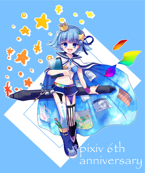 Anime picture 1008x1197 with original pixiv-tan amo single tall image looking at viewer blush short hair open mouth blue eyes simple background blue hair inscription blue background anniversary girl thighhighs hair ornament shorts boots
