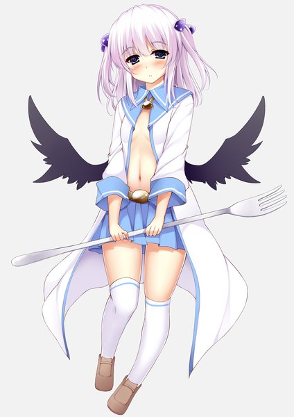 Anime picture 992x1403 with original kusano (torisukerabasu) single long hair tall image looking at viewer blush blue eyes white hair two side up girl thighhighs skirt navel hair ornament miniskirt white thighhighs wings