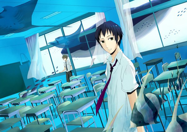 Anime picture 1052x744 with suzumiya haruhi no yuutsu kyoto animation kyon koizumi itsuki satsuki (zen05) looking at viewer short hair black hair brown hair standing green eyes multiple boys turning head classroom boy uniform school uniform animal shirt necktie