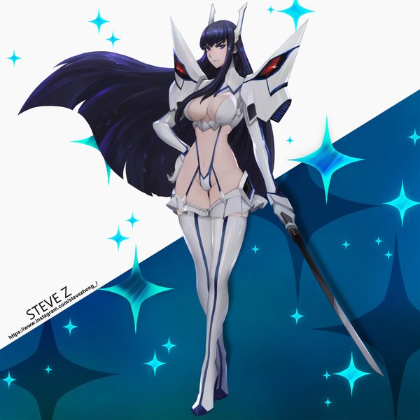 Anime picture 1920x1920 with kill la kill studio trigger kiryuuin satsuki junketsu steve zheng single long hair looking at viewer highres breasts blue eyes light erotic simple background standing holding signed payot blue hair full body bare belly