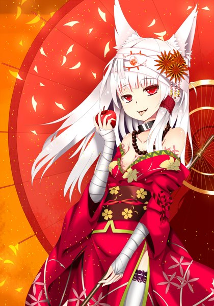 Anime picture 1484x2121 with original ootsuki momiji single long hair tall image looking at viewer smile red eyes animal ears white hair traditional clothes japanese clothes cat ears :p girl thighhighs choker kimono umbrella bandage (bandages)