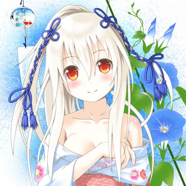 Anime picture 800x800 with original setona (daice) single long hair looking at viewer blush fringe breasts light erotic smile hair between eyes red eyes large breasts bare shoulders upper body white hair ponytail traditional clothes head tilt japanese clothes