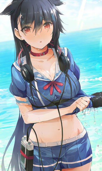 Anime picture 595x990 with azur lane ashigara (azur lane) tetsujin momoko single long hair tall image looking at viewer blush fringe breasts open mouth light erotic black hair hair between eyes large breasts standing animal ears sky cleavage cloud (clouds)