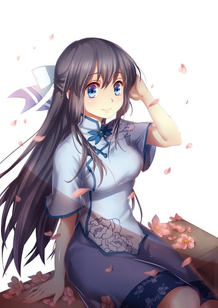 Anime picture 2480x3507 with original pollia single long hair tall image highres blue eyes black hair sitting chinese clothes girl flower (flowers) petals chinese dress
