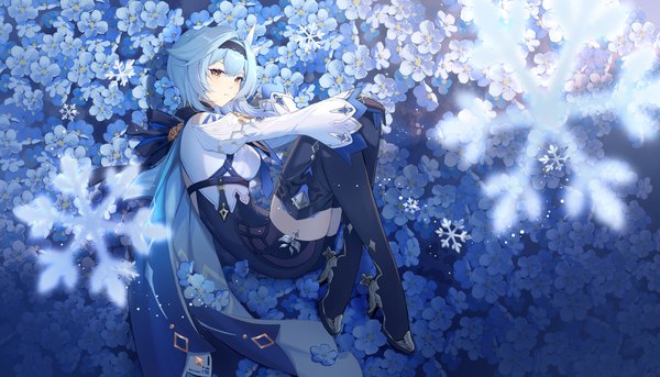 Anime picture 4823x2756 with genshin impact eula lawrence morimori (14292311) single fringe highres short hair hair between eyes wide image yellow eyes blue hair absurdres full body lying from above on side embryo's pose girl flower (flowers) boots
