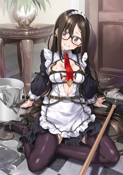 Anime picture 612x868 with fate (series) fate/grand order yu mei-ren (fate) tyone single long hair tall image looking at viewer blush fringe breasts light erotic hair between eyes brown hair large breasts sitting brown eyes payot full body indoors