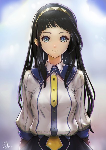 Anime picture 2480x3507 with original okuto single long hair tall image looking at viewer fringe highres breasts blue eyes black hair smile standing signed payot sky cloud (clouds) upper body outdoors puffy sleeves